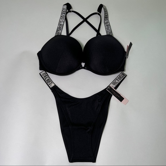 Victoria Secret 32C S Bombshell Push Up Top Bikini Set Shine Strap LOGO Black - Picture 2 of 15